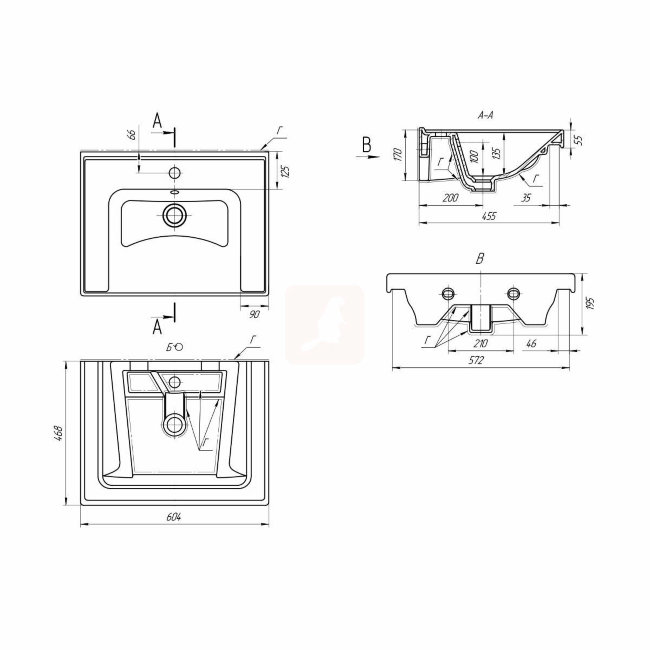 Тумба с раковиной Sanstar Riana 60, 2 ящика, подвесная, белая, Грейс 60