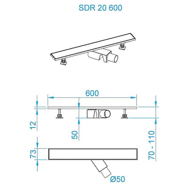 Душевой лоток RGW SDR-20-60 600 мм D50 с решеткой и опорами, хром 47212060-01 Душевой лоток RGW SDR-20-60 600 мм D50 с решеткой и опорами, хром 47212060-01