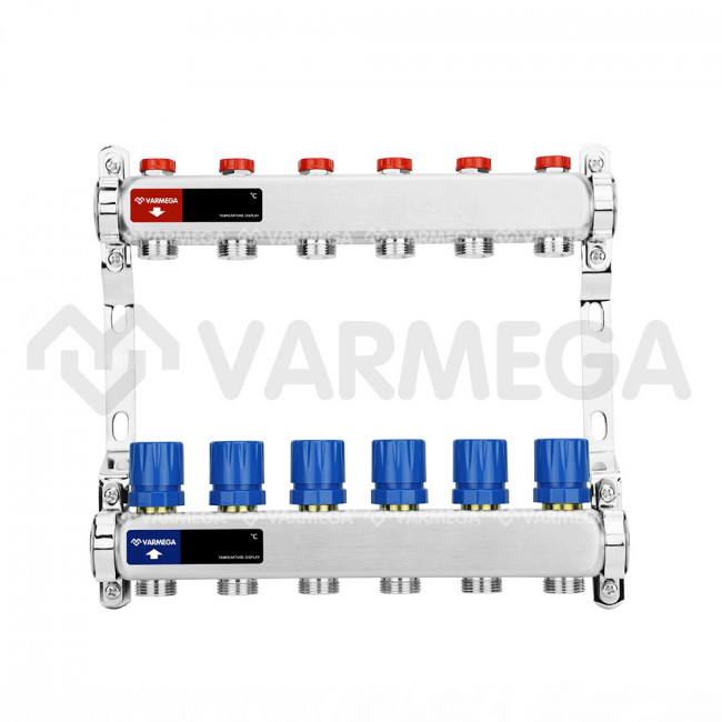 Коллекторная группа без расходомеров Varmega VM15506 ВР 1" на 6 контуров, 3/4" EK, нержавеющая сталь