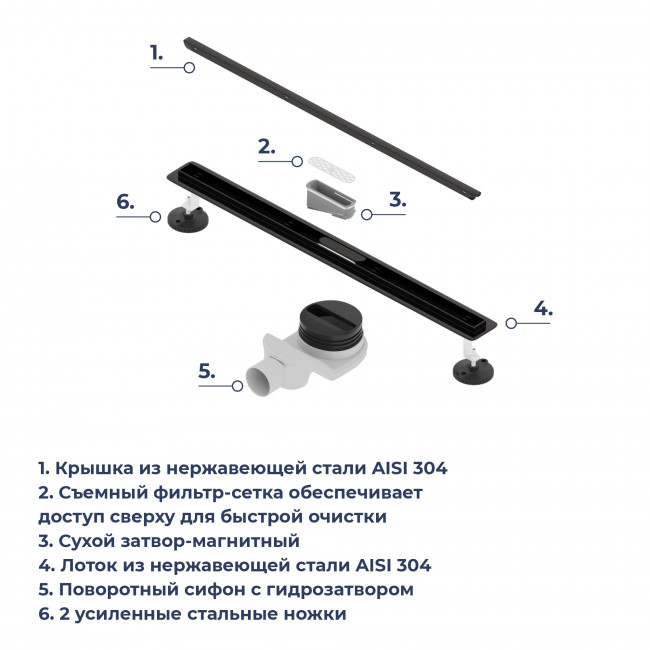 Душевой лоток RGW SDR-54B-60 600 мм D50 с крышкой и опорами, черный 79215460-04 Душевой лоток RGW SDR-54B-60 600 мм D50 с крышкой и опорами, черный 79215460-04
