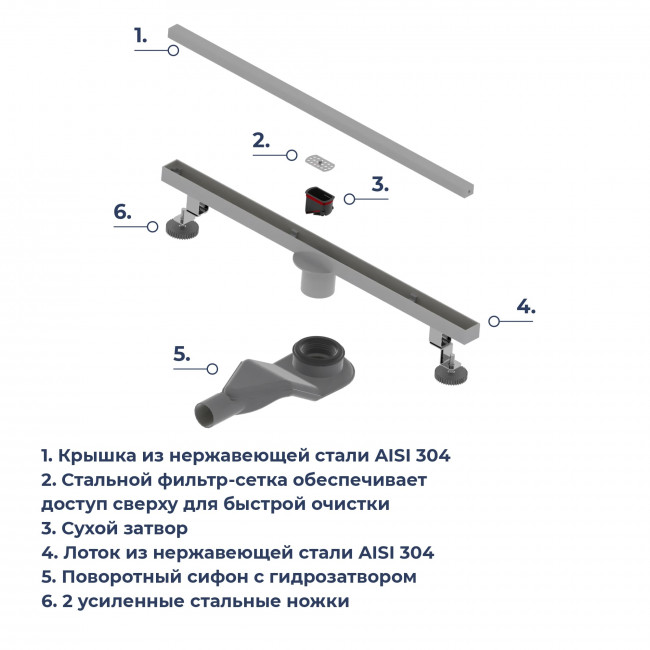 Душевой лоток RGW SDR- 51S--60 600 мм D50 с крышкой под плитку и опорами, сатин 76215160-13 Душевой лоток RGW SDR- 51S--60 600 мм D50 с крышкой под плитку и опорами, сатин 76215160-13
