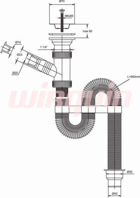Сифон для раковины гофрированный VIRPlast "VIR" 1 1/4"х40/50 с отводом для стиральной или посудомоечной машины и c нержавеющей чашкой 70 мм L900 мм, с хомутом жесткости