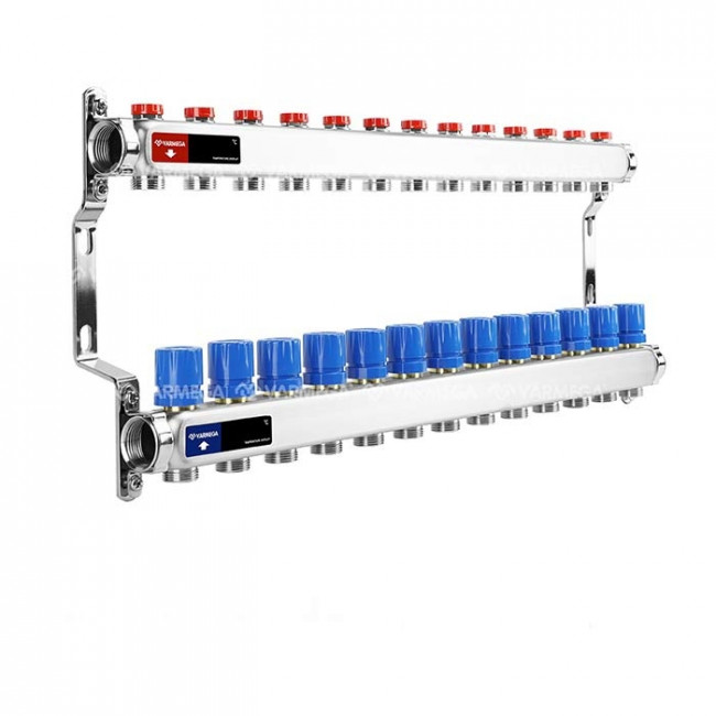 Коллекторная группа без расходомеров Varmega VM15513 ВР 1" на 13 контуров, 3/4" EK, нержавеющая сталь