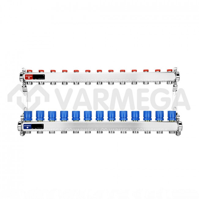 Коллекторная группа без расходомеров Varmega VM15513 ВР 1" на 13 контуров, 3/4" EK, нержавеющая сталь
