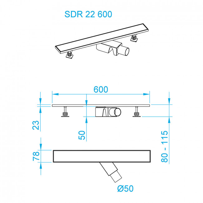 Душевой лоток RGW SDR-22B-60 600 мм D50 двухсторонний линейный, с крышкой под плитку и опорами, черный 47212260-04 Душевой лоток RGW SDR-22B-60 600 мм D50 двухсторонний линейный, с крышкой под плитку и опорами, черный 47212260-04