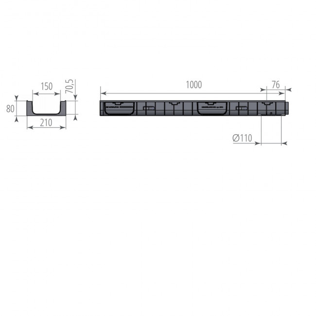 Лоток Aquastok ЛВП Norma DN150 H80 C250 1000x210x80 (11508)