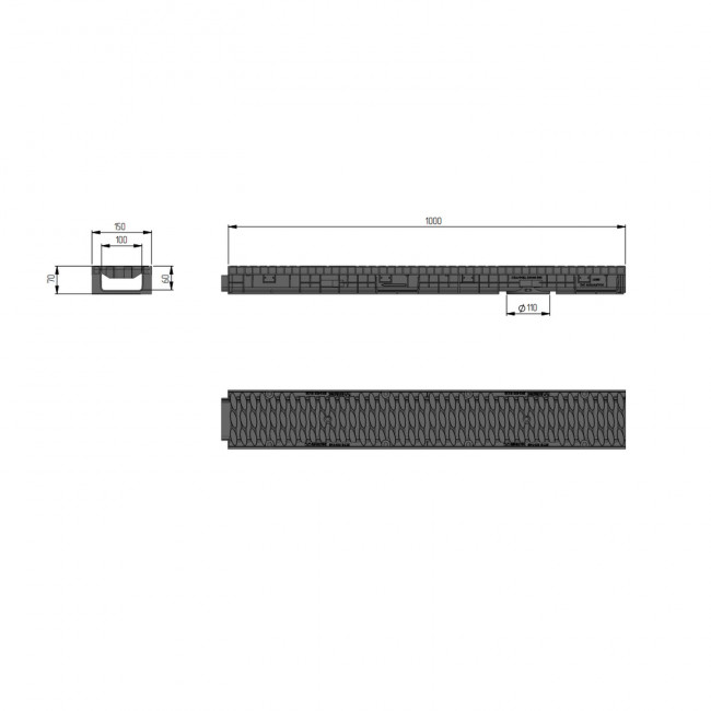 Лоток Aquastok ЛВП Master DN100 H70 B125 1000x148x70 с пластиковой решеткой (комплект) (110701)