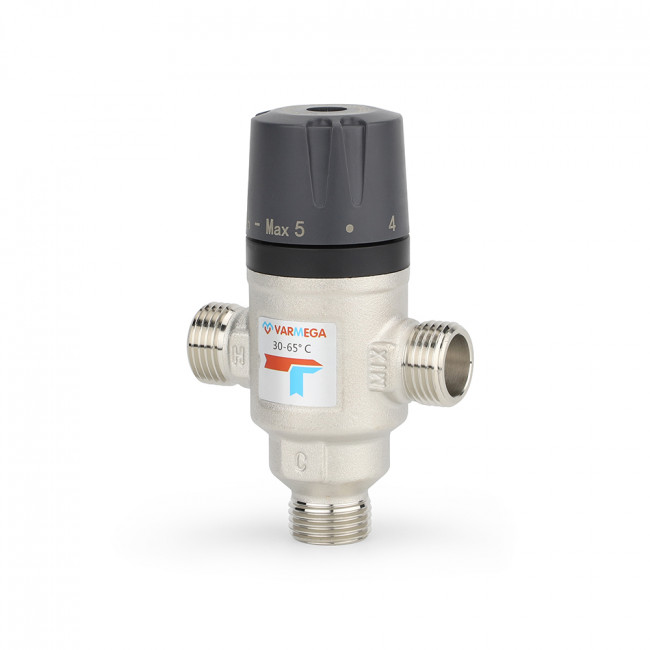 Термостатический смесительный клапан Varmega 3/4" НР, Kvs 1.6, PN 10, смешение в бок, 30-65°С VM17202 Термостатический смесительный клапан Varmega 3/4" НР, Kvs 1.6, PN 10, смешение в бок, 30-65°С VM17202