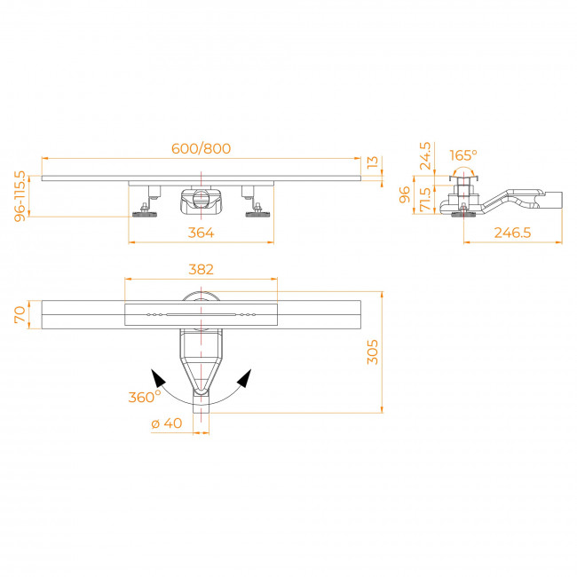 Душевой лоток обрезной, V-образный RGW SDR-53B-80 800 мм, D50 с крышкой и опорами, черный 76215380-04
