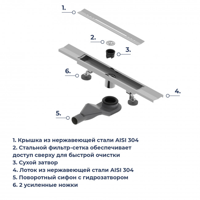 Душевой лоток обрезной, V-образный RGW SDR-53S-60 600 мм, D50 с крышкой и опорами,сатин 76215360-13 Душевой лоток обрезной, V-образный RGW SDR-53S-60 600 мм, D50 с крышкой и опорами,сатин 76215360-13