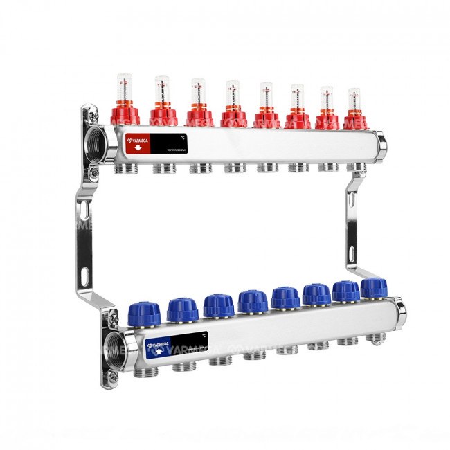 Коллекторная группа с расходомерами Varmega VM15108 ВР 1", на 8 контуров 3/4" EK, нержавеющая сталь