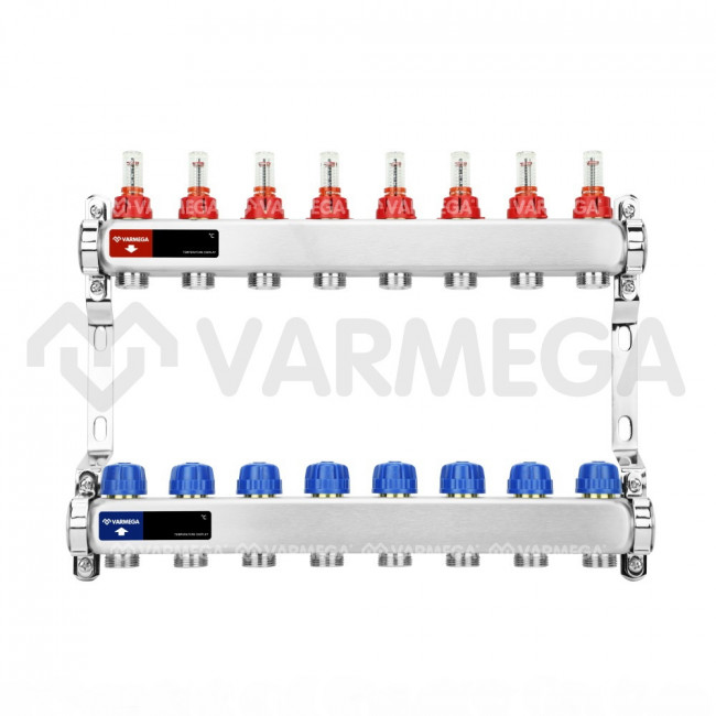 Коллекторная группа с расходомерами Varmega VM15108 ВР 1", на 8 контуров 3/4" EK, нержавеющая сталь