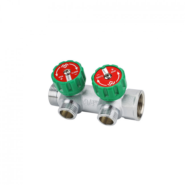 Коллектор регулирующий Varmega VM14612, с НР 3/4", на 2 выхода 3/4"ЕК, с вентилями хромированный Коллектор регулирующий Varmega VM14612, с НР 3/4", на 2 выхода 3/4"ЕК, с вентилями хромированный