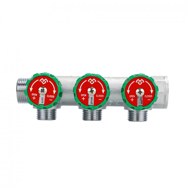 Коллектор регулирующий Varmega VM14613, с НР 3/4", на 3 выхода 3/4"ЕК, с вентилями хромированный
