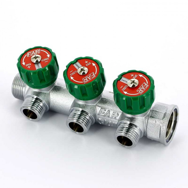 Коллектор регулирующий проходной FAR 3/4"  ВР-НР с 3 отв. 1/2"  с вентилями FK 3822 3412