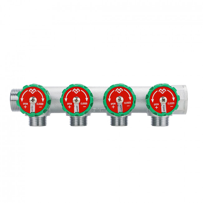 Коллектор регулирующий Varmega VM14614, с НР 3/4", на 4 выхода 3/4"ЕК, с вентилями хромированный