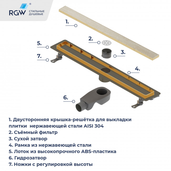 Душевой лоток RGW Drain Leo-31Gb-40 400 мм, D50, под плитку, на ножках, золото браш. 60213140-06 Душевой лоток RGW Drain Leo-31Gb-40 400 мм, D50, под плитку, на ножках, золото браш. 60213140-06