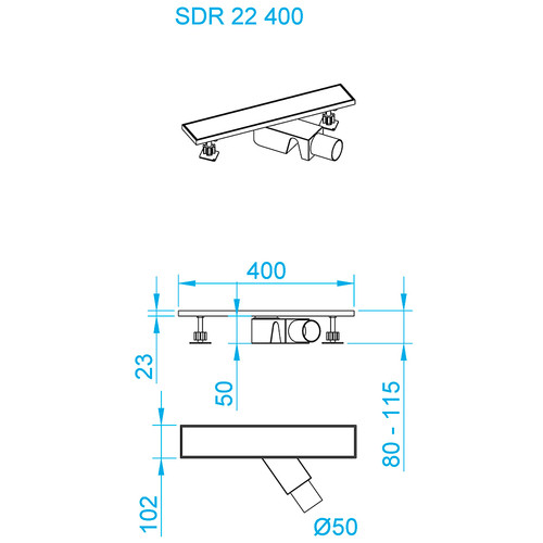 Душевой лоток RGW SDR-22-40 400 мм D50 двухсторонний линейный, с крышкой под плитку и опорами, хром 47212240-01 Душевой лоток RGW SDR-22-40 400 мм D50 двухсторонний линейный, с крышкой под плитку и опорами, хром 47212240-01