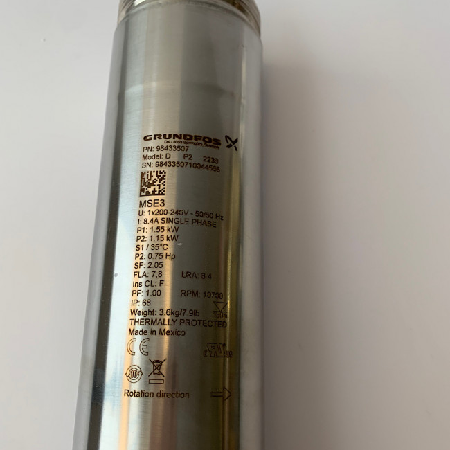 Электродвигатель для центробежного насоса Grundfos MSE3 cpl. 1x200-240V, 1,15kW, погружной Электродвигатель для центробежного насоса Grundfos MSE3 cpl. 1x200-240V, 1,15kW, погружной