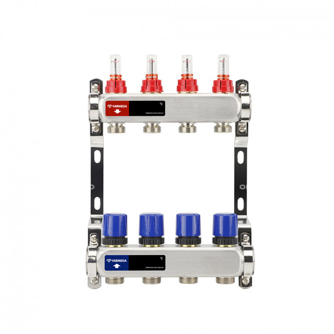 Коллекторная группа с расходомерами Varmega VM15104 ВР 1", на 4 контура 3/4" EK, нержавеющая сталь Коллекторная группа с расходомерами Varmega VM15104 ВР 1", на 4 контура 3/4" EK, нержавеющая сталь