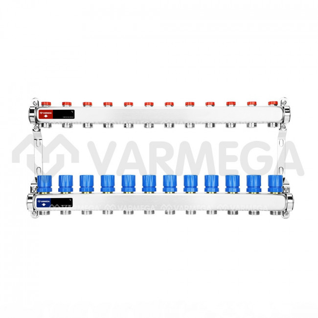 Коллекторная группа без расходомеров Varmega VM15512  ВР 1", на 12 контуров 3/4" EK, нержавеющая сталь