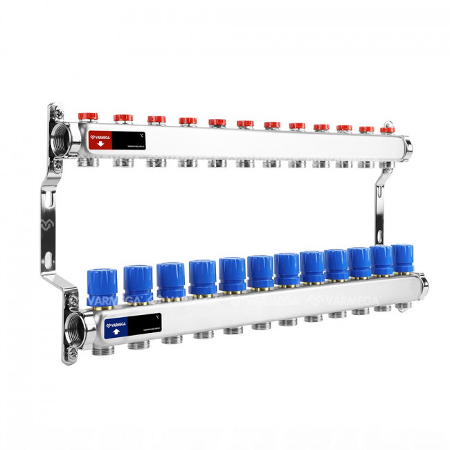 Коллекторная группа без расходомеров Varmega VM15512  ВР 1", на 12 контуров 3/4" EK, нержавеющая сталь