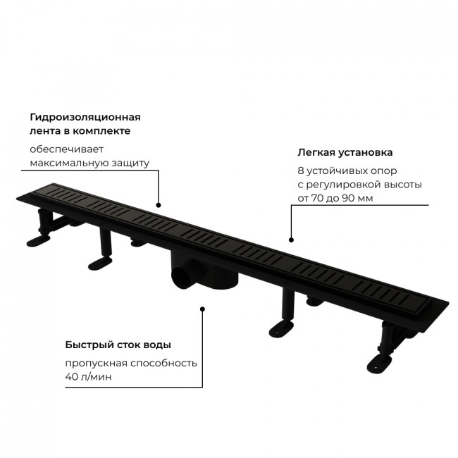 Душевой лоток RGW SDR-34B-80 800 мм D50 с крышкой под плитку и опорами, черный 64213480-04 Душевой лоток RGW SDR-34B-80 800 мм D50 с крышкой под плитку и опорами, черный 64213480-04