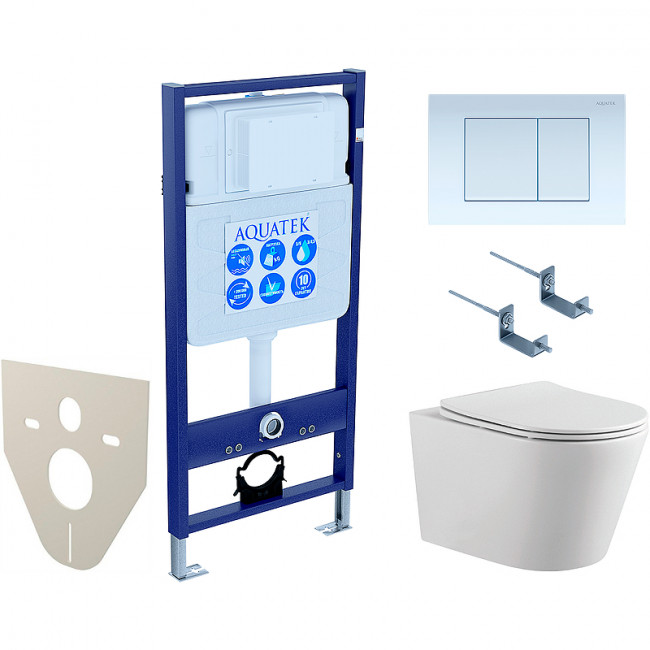 Комплект подвесного унитаза Aquatek Вега AQ1905-00 и инсталляции Aquatek Standard 50 INS-0000012 с звукоизол. прокладкой, панелью смыва (белая) и крепежом 4в1