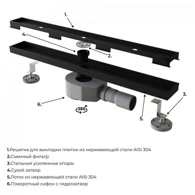 Душевой лоток RGW Shower Drain SDR-08B-100 1000 мм D50 под плитку, с решеткой и опорами, черный 21210810-014 Душевой лоток RGW Shower Drain SDR-08B-100 1000 мм D50 под плитку, с решеткой и опорами, черный 21210810-014