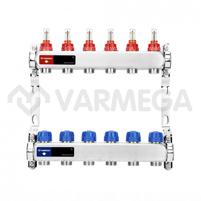 Коллекторная группа с расходомерами Varmega VM15106 ВР 1", на 6 контуров 3/4" EK, нержавеющая сталь