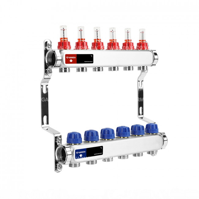 Коллекторная группа с расходомерами Varmega VM15106 ВР 1", на 6 контуров 3/4" EK, нержавеющая сталь