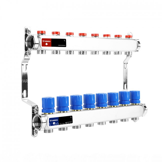 Коллекторная группа без расходомеров Varmega VM15508  ВР 1", на 8 контуров 3/4" EK, нержавеющая сталь