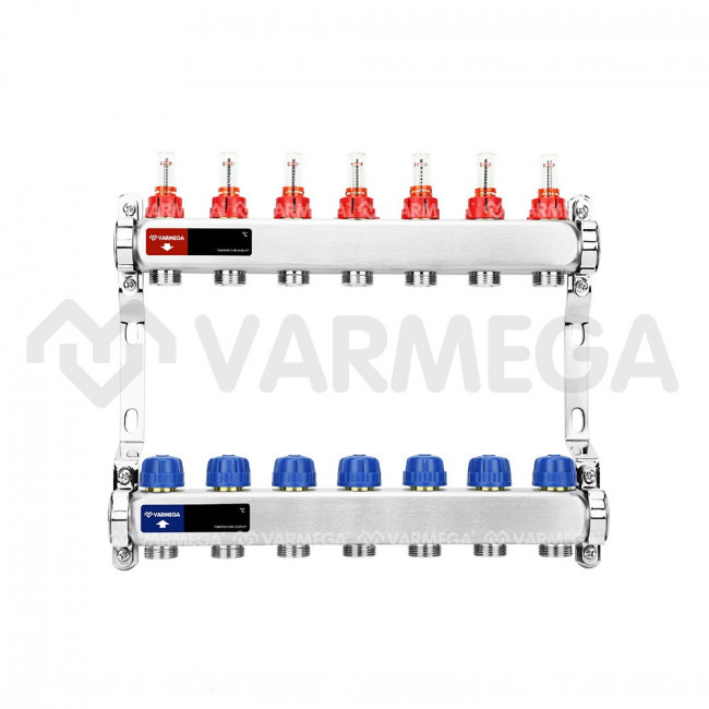 Коллекторная группа с расходомерами Varmega VM15107 ВР 1", на 7 контуров 3/4" EK, нержавеющая сталь