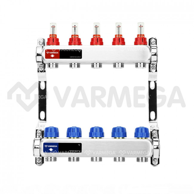 Коллекторная группа с расходомерами Varmega VM15105 ВР 1", на 5 контуров 3/4" EK, нержавеющая сталь