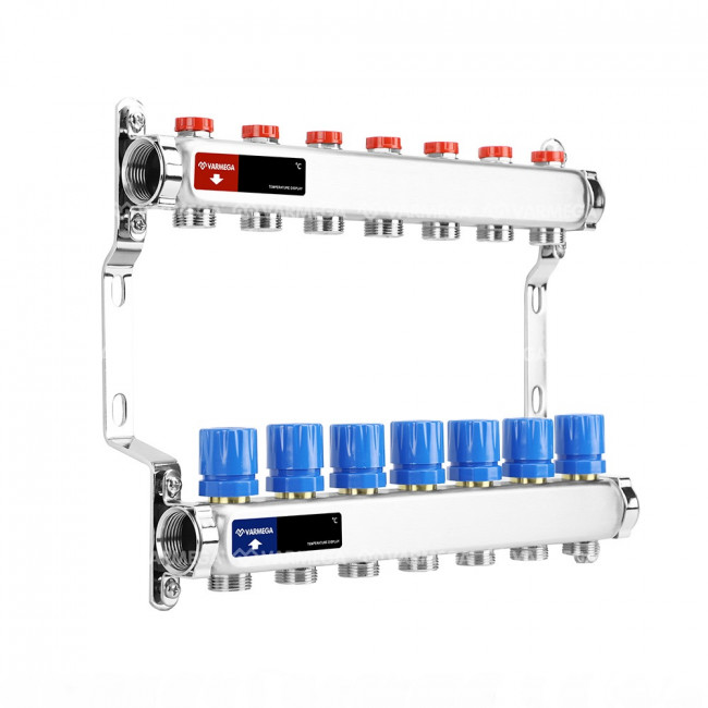 Коллекторная группа без расходомеров Varmega VM15507 ВР 1", на 7 контуров 3/4" EK, нержавеющая сталь