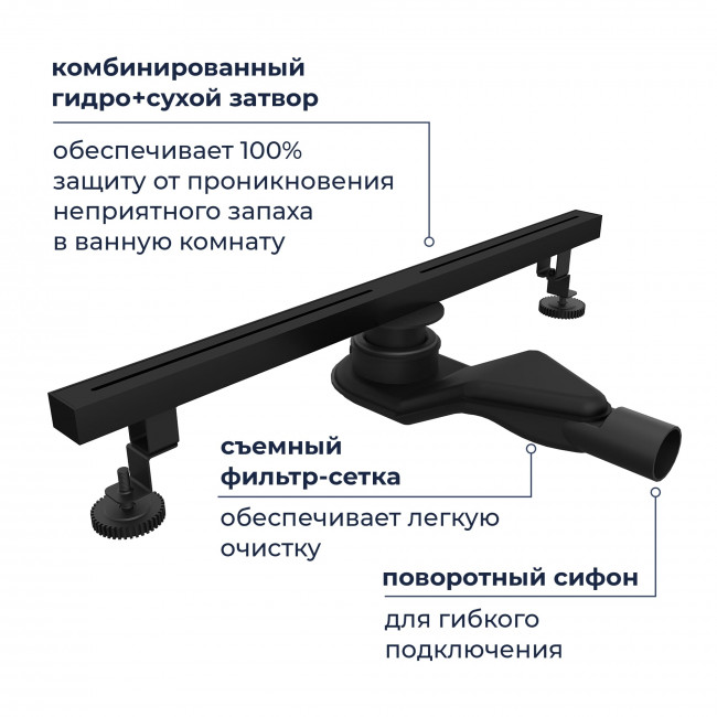 Душевой лоток RGW SDR-52B-80 800 мм D50 с крышкой под плитку и опорами, черный 76215280-04 Душевой лоток RGW SDR-52B-80 800 мм D50 с крышкой под плитку и опорами, черный 76215280-04