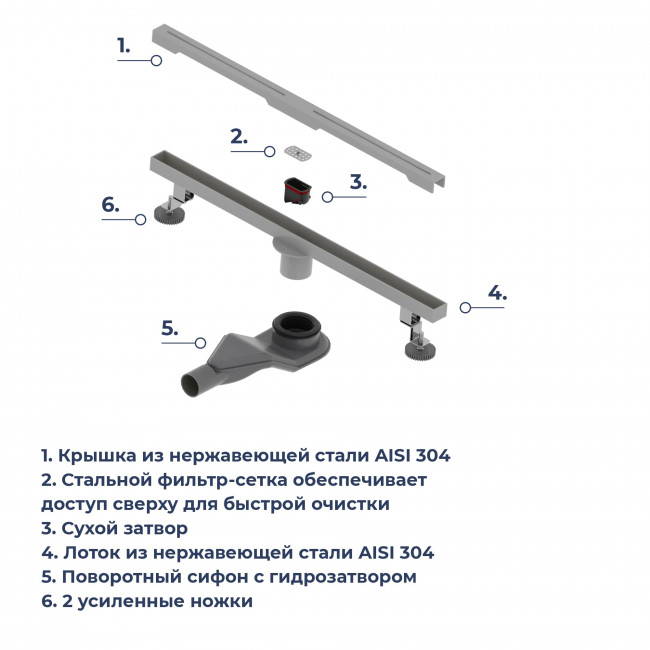 Душевой лоток RGW SDR-52Gr-60 600 мм D50 с крышкой под плитку и опорами, серый 76215260-11 Душевой лоток RGW SDR-52Gr-60 600 мм D50 с крышкой под плитку и опорами, серый 76215260-11