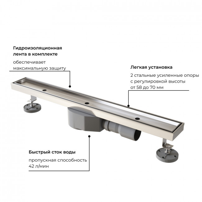 Душевой лоток RGW Shower Drain SDR-08-80 800 мм D50 под плитку, с решеткой и опорами, хром 21210880-011 Душевой лоток RGW Shower Drain SDR-08-80 800 мм D50 под плитку, с решеткой и опорами, хром 21210880-011