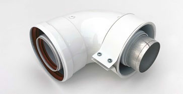 Отвод коаксиальный (угол) 90 стартовый Camino 60/100 мм, универсальный хомут Vaillant, Ariston, Protherm, Baxi, Dedietrich (TR.6003)