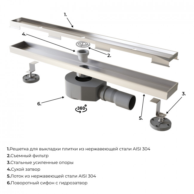 Душевой лоток RGW Shower Drain SDR-08-60 600 мм D50 под плитку, с решеткой и опорами, хром 21210860-011 Душевой лоток RGW Shower Drain SDR-08-60 600 мм D50 под плитку, с решеткой и опорами, хром 21210860-011