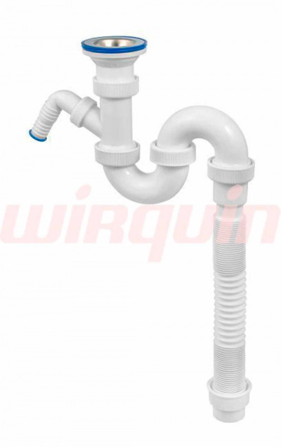 Сифон для раковины и мойки VIRPlast "Трубный" 1 1/2"х40/50 S-образный прямоточный с нержавеющей чашкой ?70 мм, отводом для стиральной или посудомоечной машины, c вертикальным сливом и c гофротрубой L800 мм