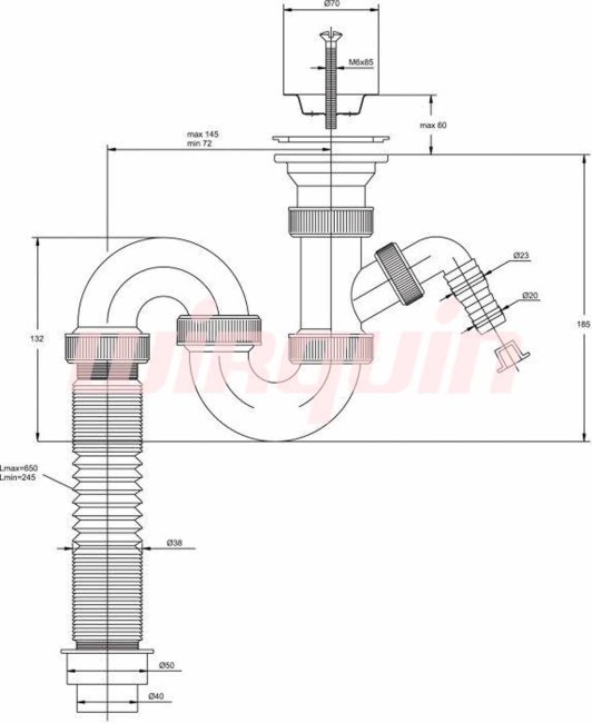Сифон для раковины и мойки VIRPlast "Трубный" 1 1/2"х40/50 S-образный прямоточный с нержавеющей чашкой ?70 мм, отводом для стиральной или посудомоечной машины, c вертикальным сливом и c гофротрубой L800 мм