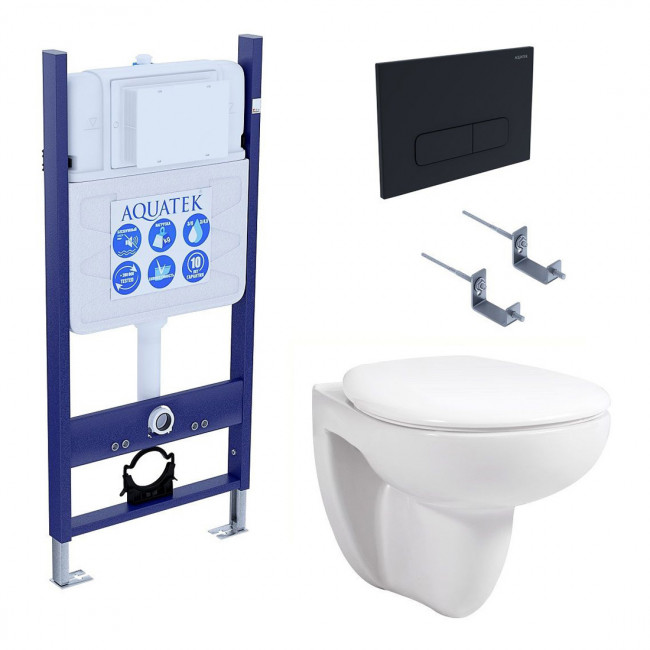 Комплект подвесного унитаза Aquatek Каир AQ1170-00 и инсталляции Aquatek Standard 50 INS-0000014 с звукоизол. прокладкой, панелью смыва KDI-0000017 (черная) и крепежом 4в1