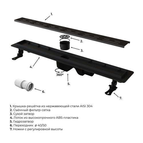 Душевой лоток RGW Drain Leo-30B-60 600 мм D50, на ножках, черный 60213060-04 Душевой лоток RGW Drain Leo-30B-60 600 мм D50, на ножках, черный 60213060-04